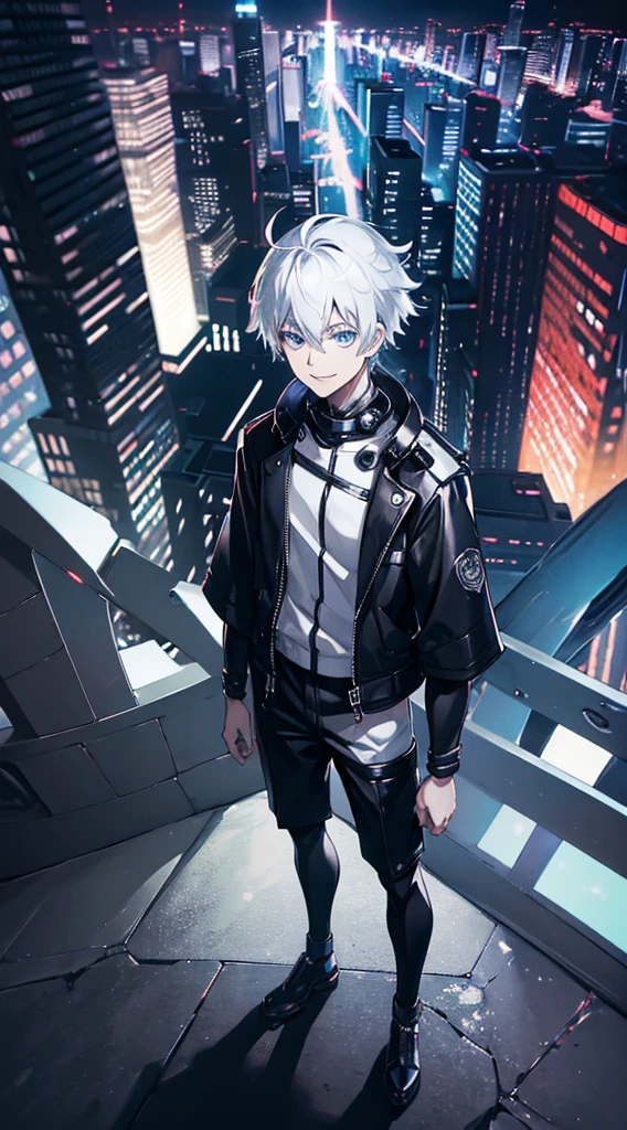 (Man), (Anime Character), (Solo), A man, anime style with messy silver hair, dressed all in black, standing on top of a tall building, full body photo, bright blue eyes, smile, urban background and building lights, electric spark effect, dynamic lighting, vivid colors, detailed image tall, wide viewing angle.