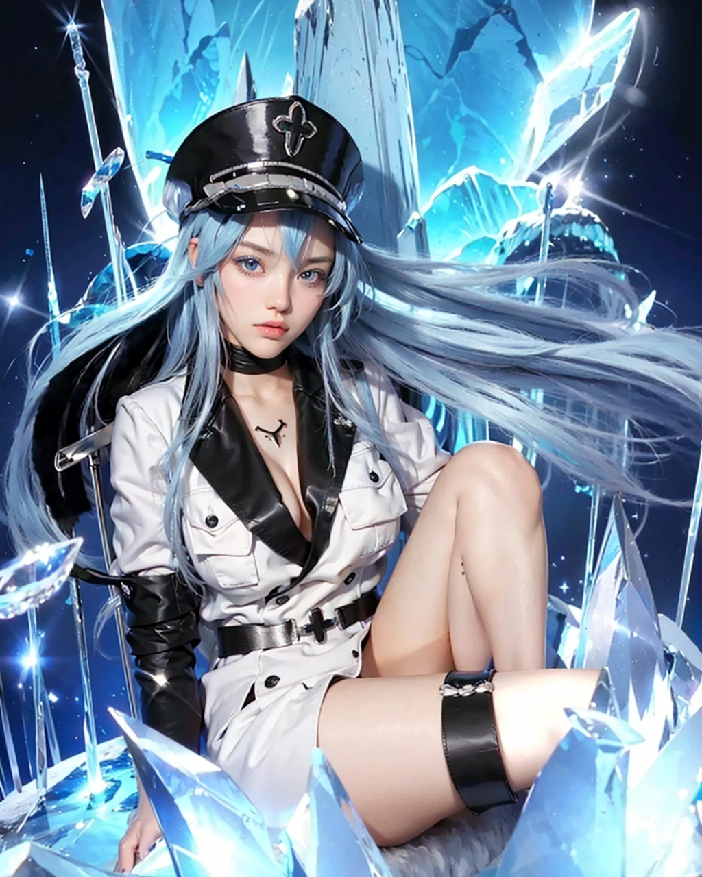 ( Akame va tuer_Esdeath),((Réaliste, photoRéaliste)),(Mettre en valeur les cheveux)), Réflexion de la lumière, (( HD )),((Haut du corps)), (((Meilleure qualité, chef-d&#39;œuvre))), (chef-d&#39;œuvre) (Meilleure qualité) (détail) (8k) (HDR) (fond d&#39;écran) (Éclairage cinématographique) (pièce maîtresse pointue, Meilleure qualité: 1.1), Adaptation réelle de ce personnage, Réaliste outfit, Réaliste shadow, Réaliste light, le réalisme, hyper Réaliste, Réaliste background,Réaliste hair,(photoRéaliste:1.2), 1fille, Fond d&#39;écran de nuit de glace, assis sur des cristaux de glace, épée de glace épée, cheveux bleus flottants, cuisses lisses,effet lumineux,cristaux de glace, clignote