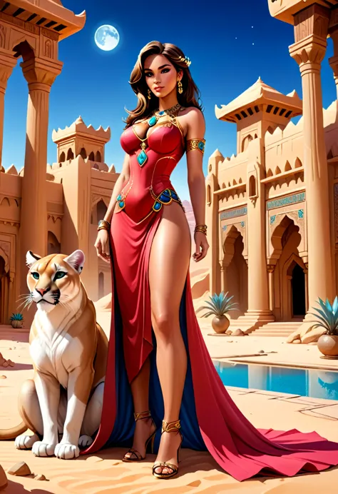 arafed picture of a desert princess break and her pet cougar in her palace high details, best quality, 16k, f a female human pri...