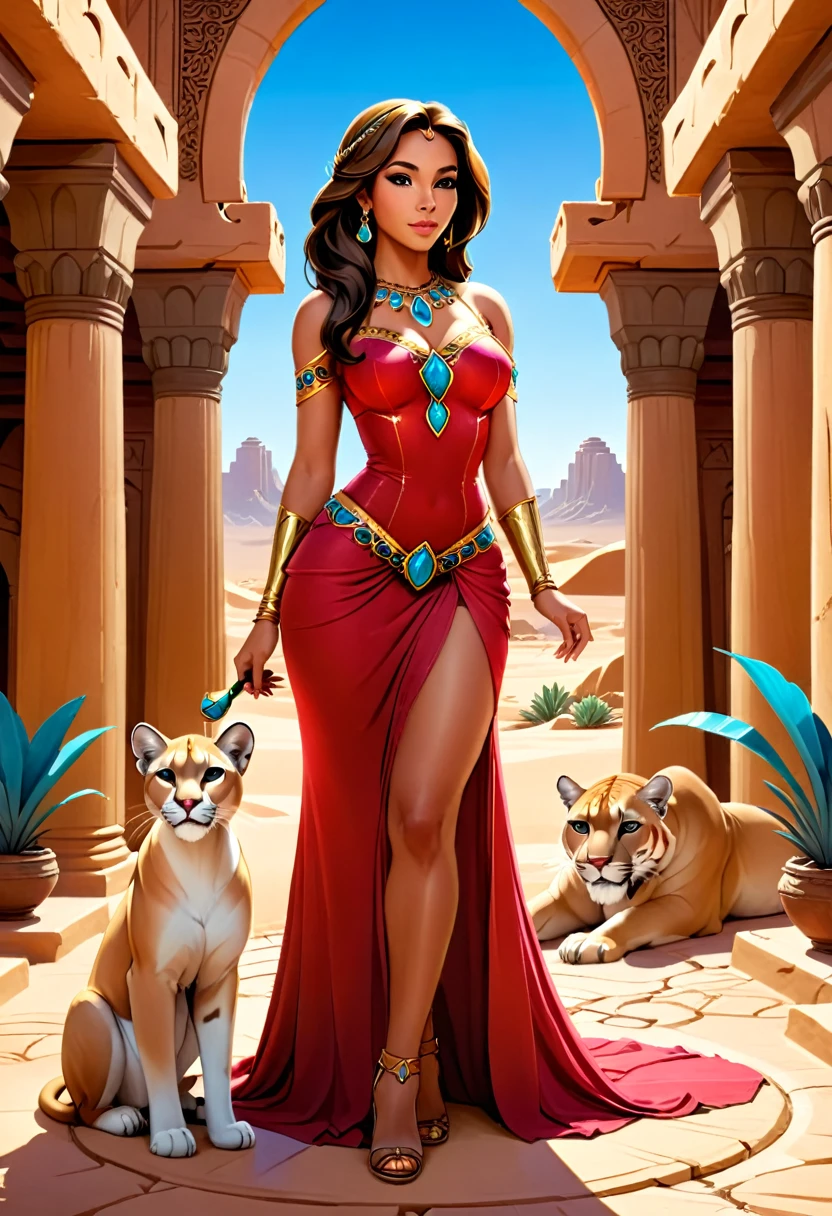 Arafed picture of a desert princess BREAK and her pet cougar in her palace high details, best quality, 16k, f a female human princess and her pet cougar, princess of the desert, full body, ((anatomically correct: 1.5)) ((standing: 1.5)) proudly royalty demeanor, a woman, (best detailed face: 1.5), Ultra Detailed face, wearing royal desert dress, decorated with gems, small cleavage, thigh high intricate leather high heeled boot, thick hair, long hair, brown hair, tan skin intense brown eyes, her epic desert cougar lying at her feet, guarding her, an epic fantasy desert palace in an oasis in the background (intricate details, Masterpiece, best quality: 1.5) night, moon light, stars  ,Wide-Angle, award winning, best quality, high quality, high details, highres, vibrant, Ultra-high resolution, High Contrast, (masterpiece:1.5), highest quality, Best aesthetics, best details, best quality, highres, ultra wide angle, 16k, [ultra detailed], masterpiece, best quality, chumbasket art style, Cinematic Hollywood Film, 