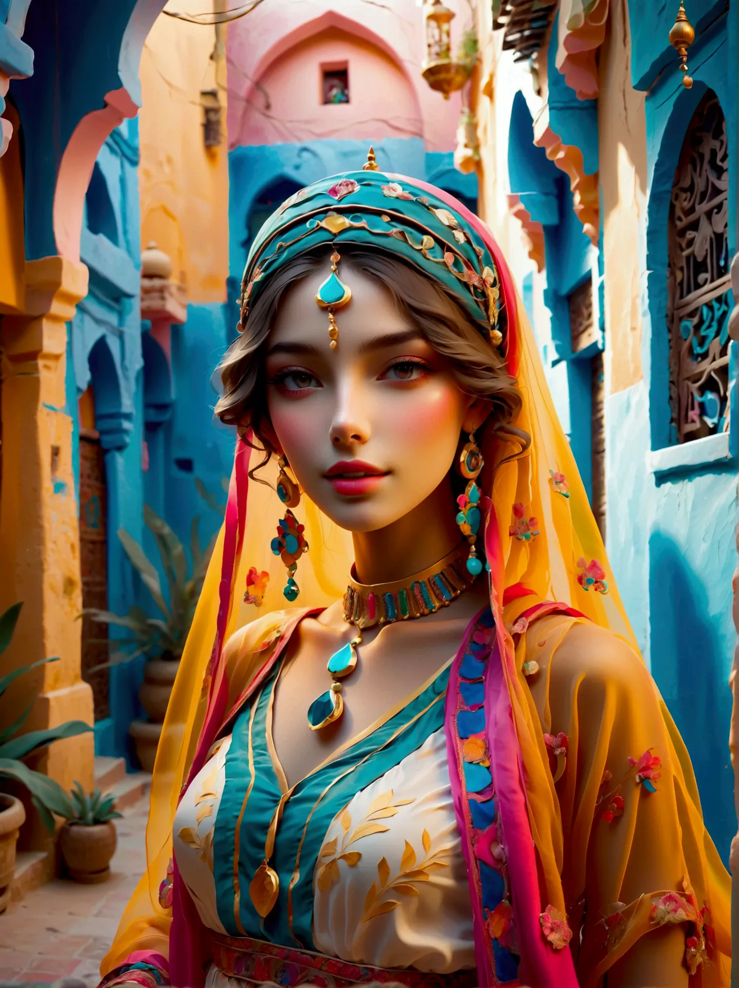 Desert Princess, dressed in vibrant traditional attire, steeped in an atmosphere brimming with magic and whimsy, similar to the ...