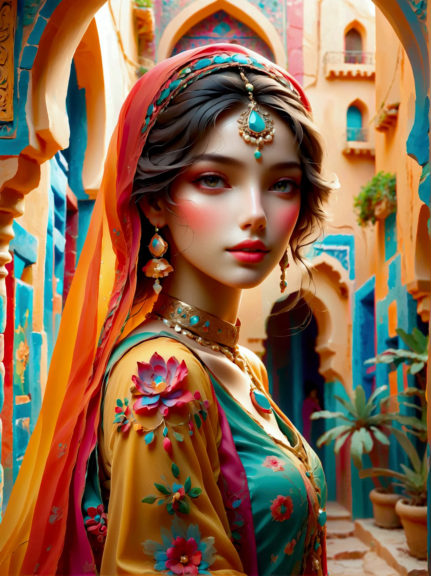 Desert Princess, dressed in vibrant traditional attire, steeped in an atmosphere brimming with magic and whimsy, similar to the ...