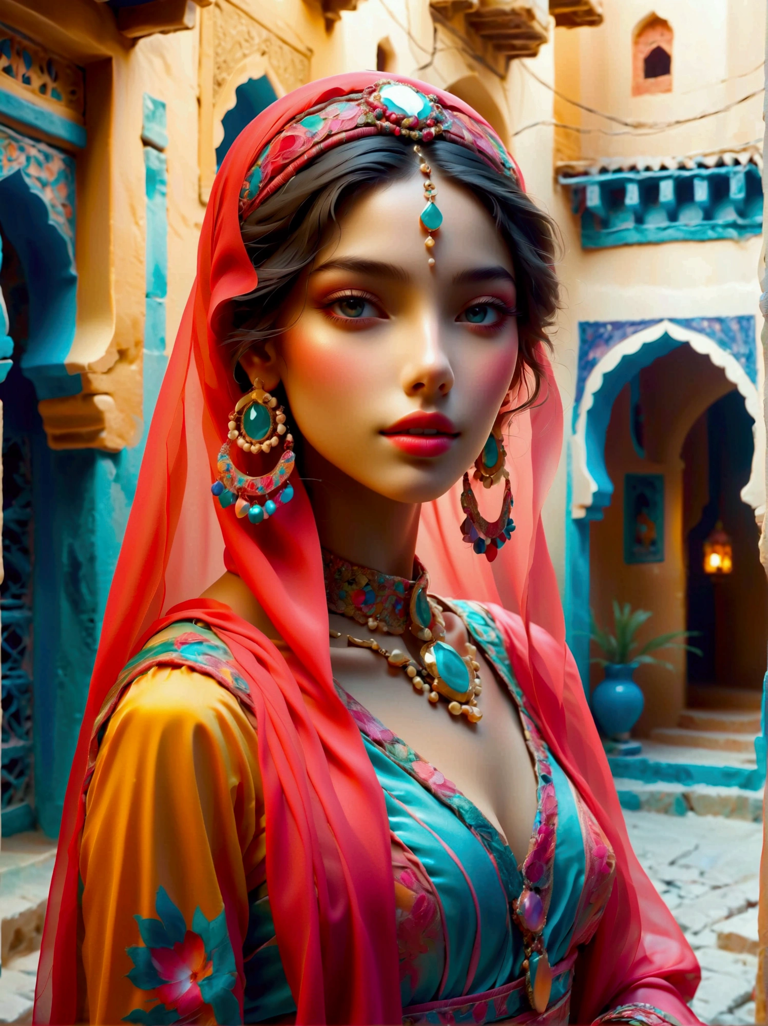 princesa del desierto, vestido con un vibrante atuendo tradicional, inmerso en una atmósfera llena de magia y fantasía, similar al escenario de un cartel de película de animación clásica. Posa elocuentemente en la encantadora casbah de Argel., generalmente capturado usando una lente gran angular, mostrando la grandeza del lugar, exhibiendo una efusiva muestra de color y vitalidad. Se pone especial énfasis en representar la esencia de la cultura y el patrimonio del norte de África., encarnando el espíritu real y femenino que es innato dentro de ella