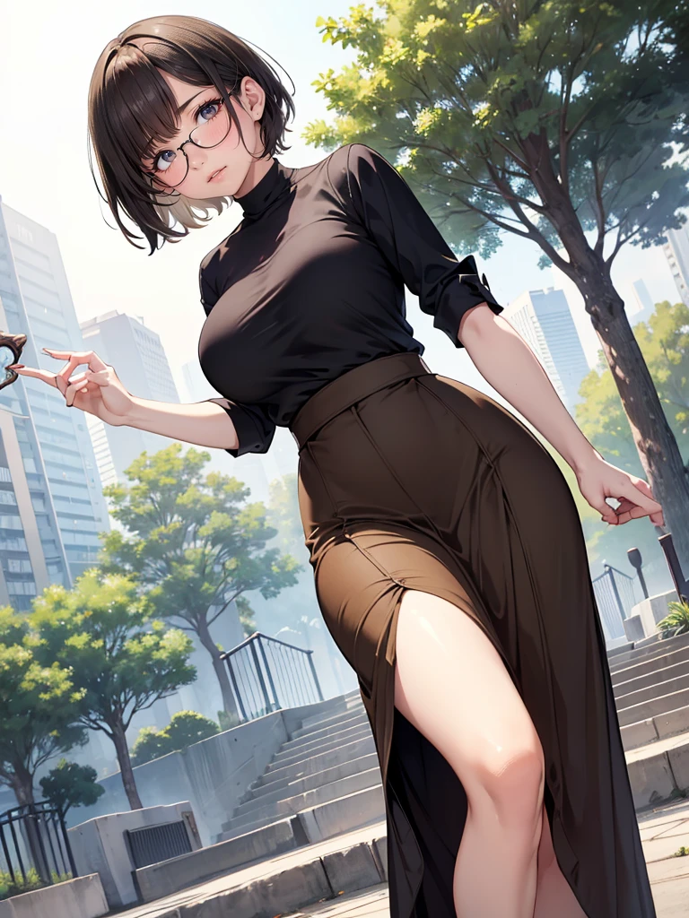 Mature Woman　(short hair)　(Pixie Cut)　plump　　attractive appearance　Short brown hair with bangs　Rimless Glasses　Big eyes　Expressions of joy　　Large breasts　A fitted shirt and a maxi-length flared skirt　at the park　　masterpiece　humidity　　Drawing from below　Portraiture　　Low - Angle　Beautiful feet　　　Skirt fluttering in the wind　Flip-up skirt　　　Accentuate the crotch　she&#39;not wearing panties under the skirt　Genitals are exposed　The skirt was pulled up　Accurate Body Composition