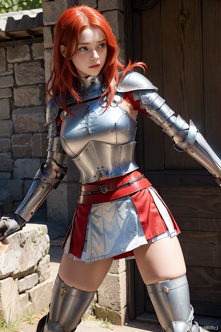 redhead warrior girl, , pretty face, thin girl, Pretty girl, skinny girl, She wears plate armor., medieval armor, steel breastplate, Steel Gauntlets, steel gloves, (red miniskirt: 1.5), (session, opens her legs: 1.1), (her panties are visible: 1.2), You can see her panties, underwear, pantimedias, upskirt, (camel toe: 1.3), (white panties), panties popping, medieval fantasy, dungeons and Dragons, role-playing character, Best Quality, (Masterpiece), 8k