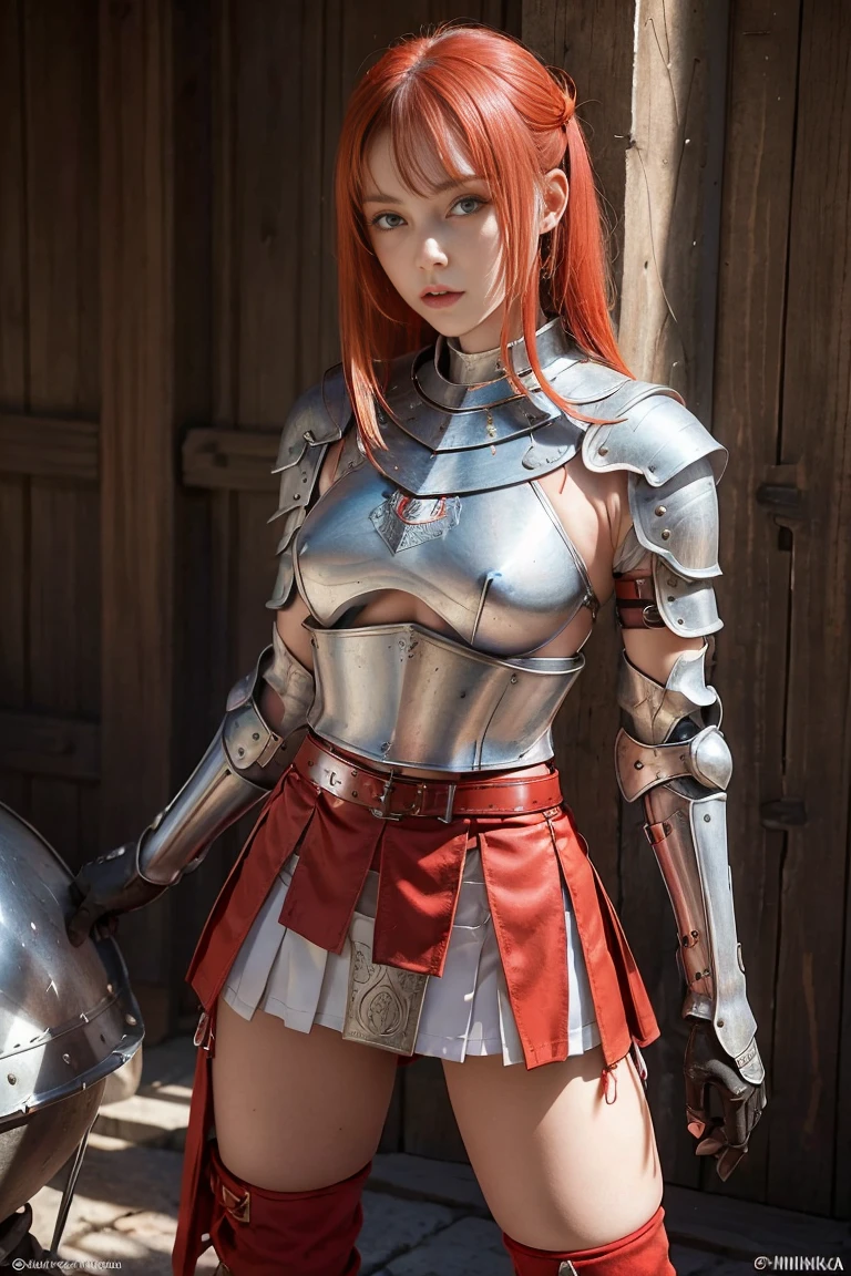 redhead warrior girl, , pretty face, thin girl, Pretty girl, skinny girl, She wears plate armor., medieval armor, steel breastplate, Steel Gauntlets, steel gloves, (red miniskirt: 1.5), (session, opens her legs: 1.1), (her panties are visible: 1.2), You can see her panties, underwear, pantimedias, upskirt, (camel toe: 1.3), (white panties), panties popping, medieval fantasy, dungeons and Dragons, role-playing character, Best Quality, (Masterpiece), 8k