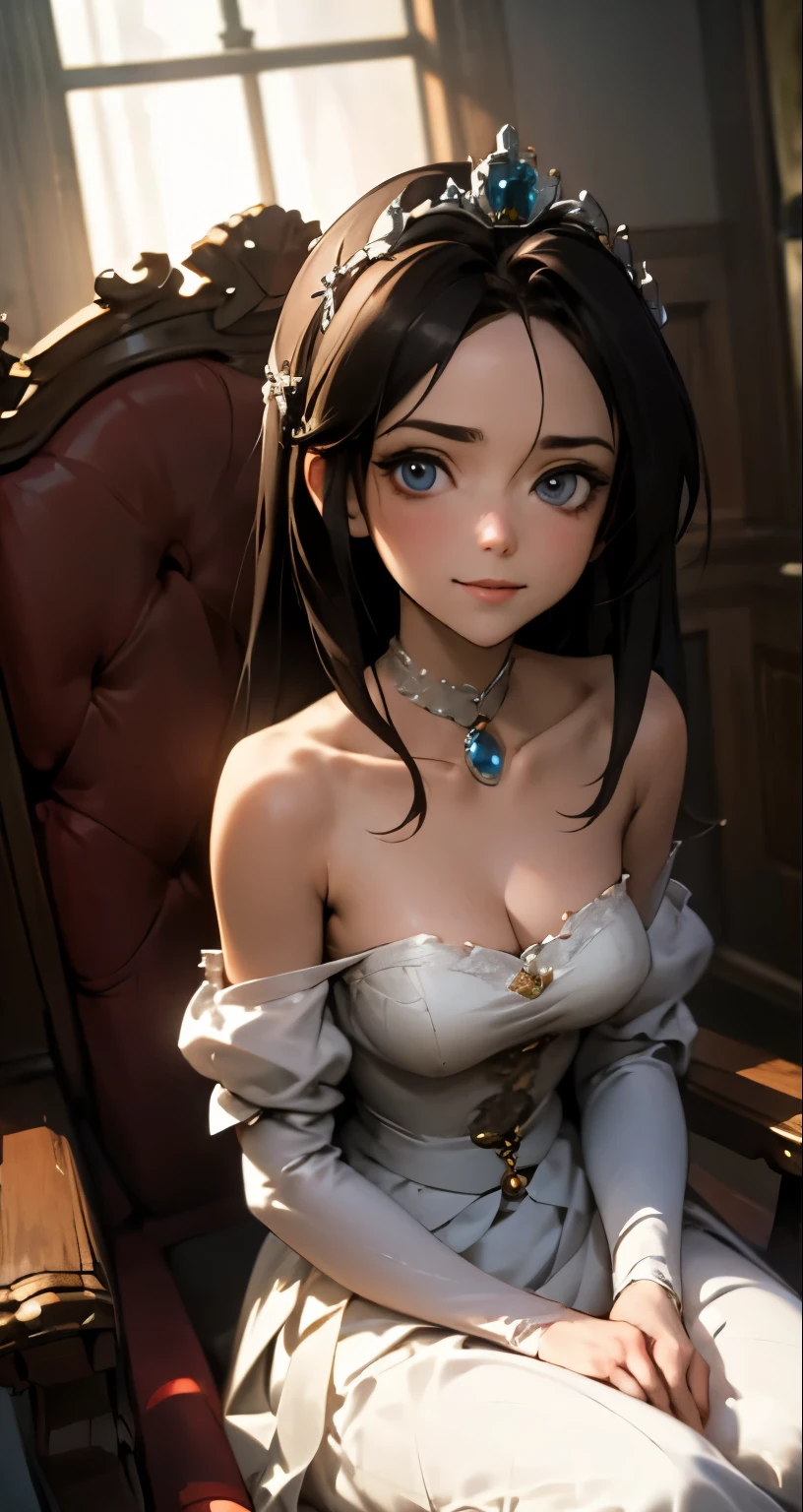 { 4k wallpaper : illustration : beautiful detailed eyes : extremely detailed face : perfect lighting : extremely detailed CG }  { horror gloomy atmosphere} { dark horror theme } { in a dark dirty nerd room } { possessed Garnet Til Alexandros : elegant long dark hair   :  : perfectly  shape breast : perfectly smooth fit body : princess dress : sweet smile : looking at viewer  } {: sitting on her throne }