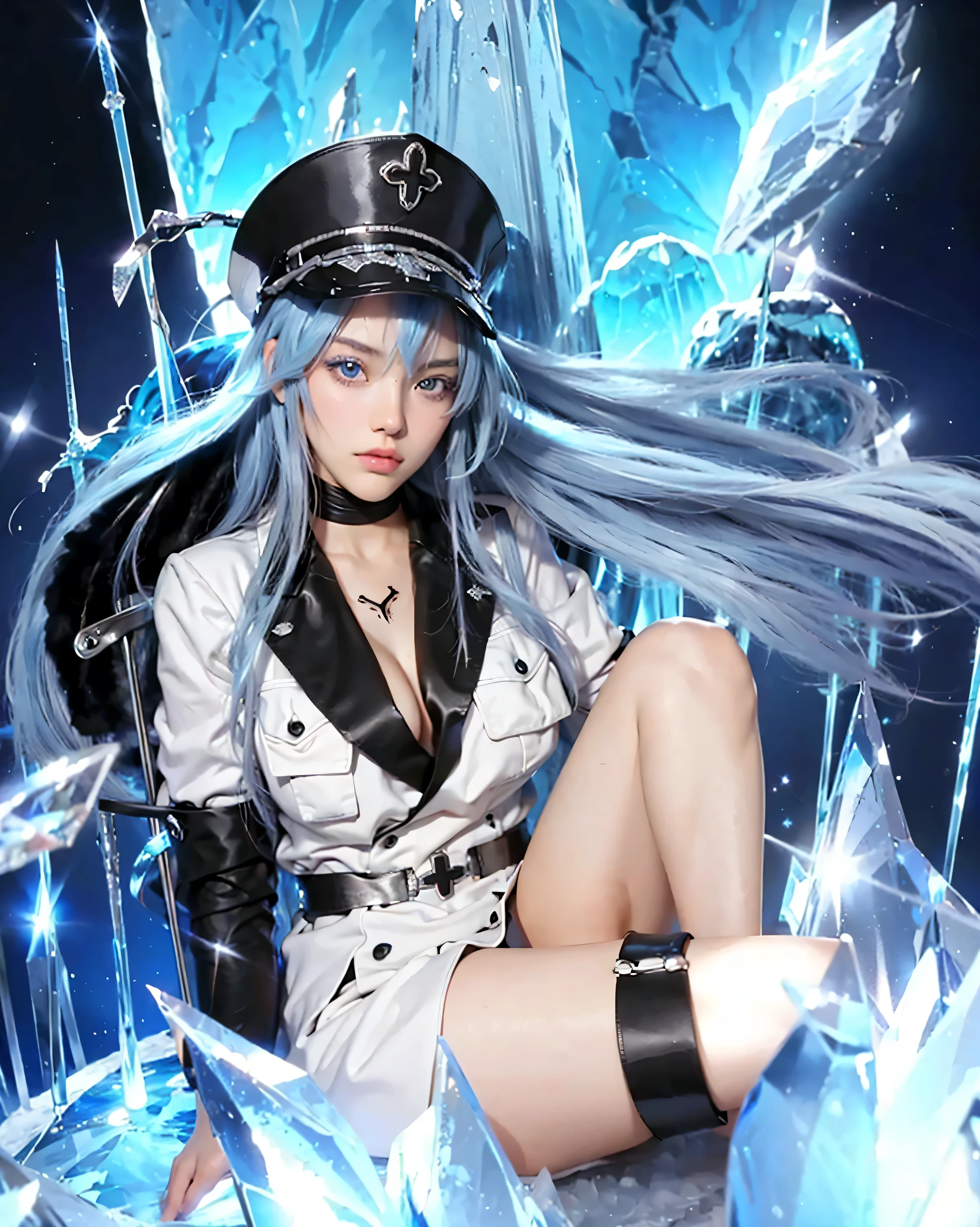 ( AKAME GA KILL_ESDEATH),((realistic, photorealistic)),(highlight hair)), Light reflection, (( HD )),((upper body)), (((best quality, masterpiece))), (masterpiece) (best quality) (detail) (8k) (HDR) (wallpaper) (cinematic lighting) (sharp focuasterpiece, best quality: 1.1), Real life adaption of this character, realistic outfit, realistic shadow, realistic light, realism, hyper realistic, realistic background,realistic hair,(photorealistic:1.2), 1girl, Ice night background, sitting on ice crystals, ice sword sword, floating blue hair, smooth thighs,glow effect,Ice crystals, blinks