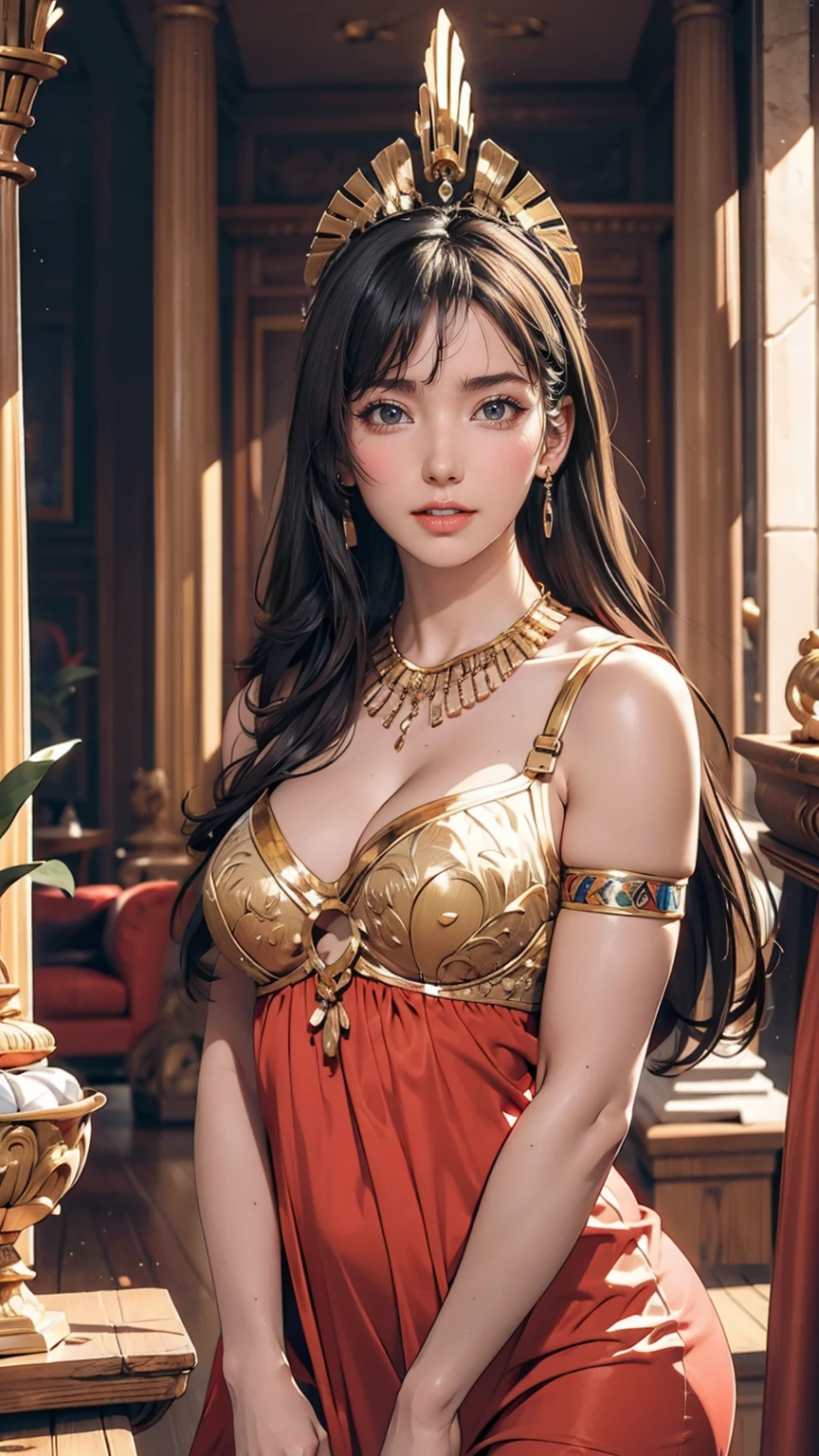 ((最high quality, 8K, masterpiece: 1.3, Ultra HD, high quality, 最high quality, High resolution, realism)) 、Egyptian Pharaoh、Cleopatra、Black Hair、Cleopatraカット、Ancient Egyptian Dynasty Decoration、Inside an ancient Egyptian palace、orgasm