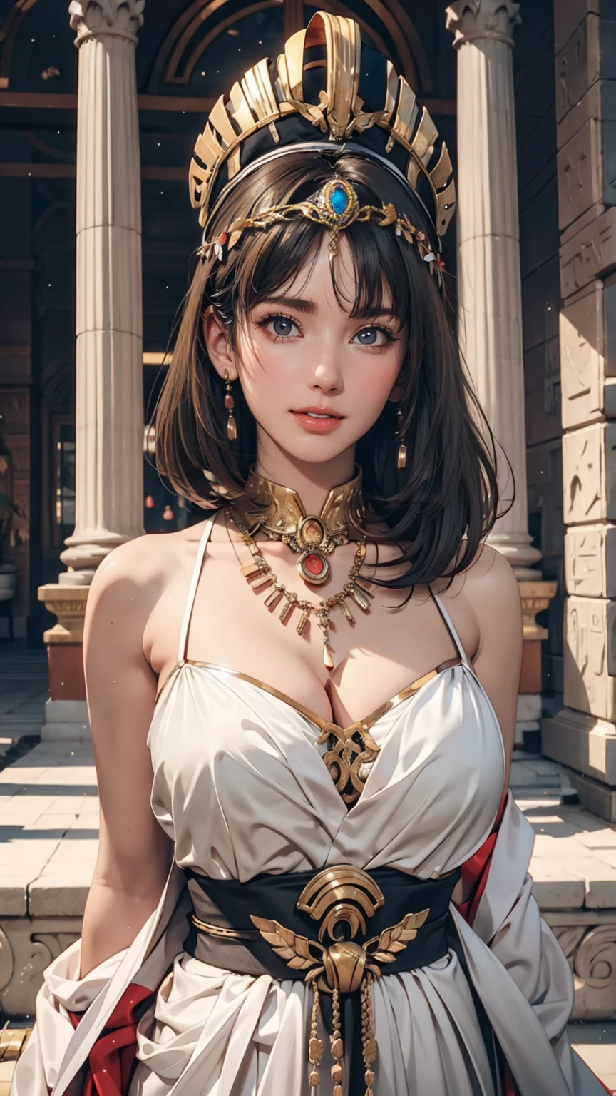 ((最high quality, 8K, masterpiece: 1.3, Ultra HD, high quality, 最high quality, High resolution, realism)) 、Egyptian Pharaoh、Cleopatra、Black Hair、Cleopatraカット、Ancient Egyptian Dynasty Decoration、Inside an ancient Egyptian palace、orgasm