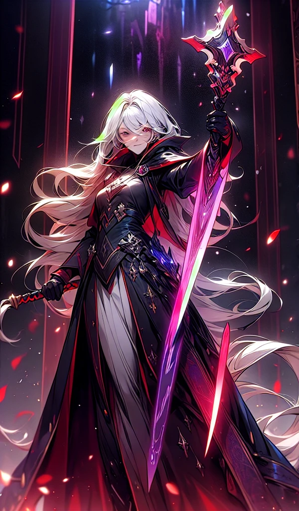 master part,best quality, Isaac Newton, 1homem, fancy, Mage with grimoire,(magie:1.2), (white  hair), Longe hair, long  hair, Wearing a tunic with the colors black and purple, wielding a sword, hard disk