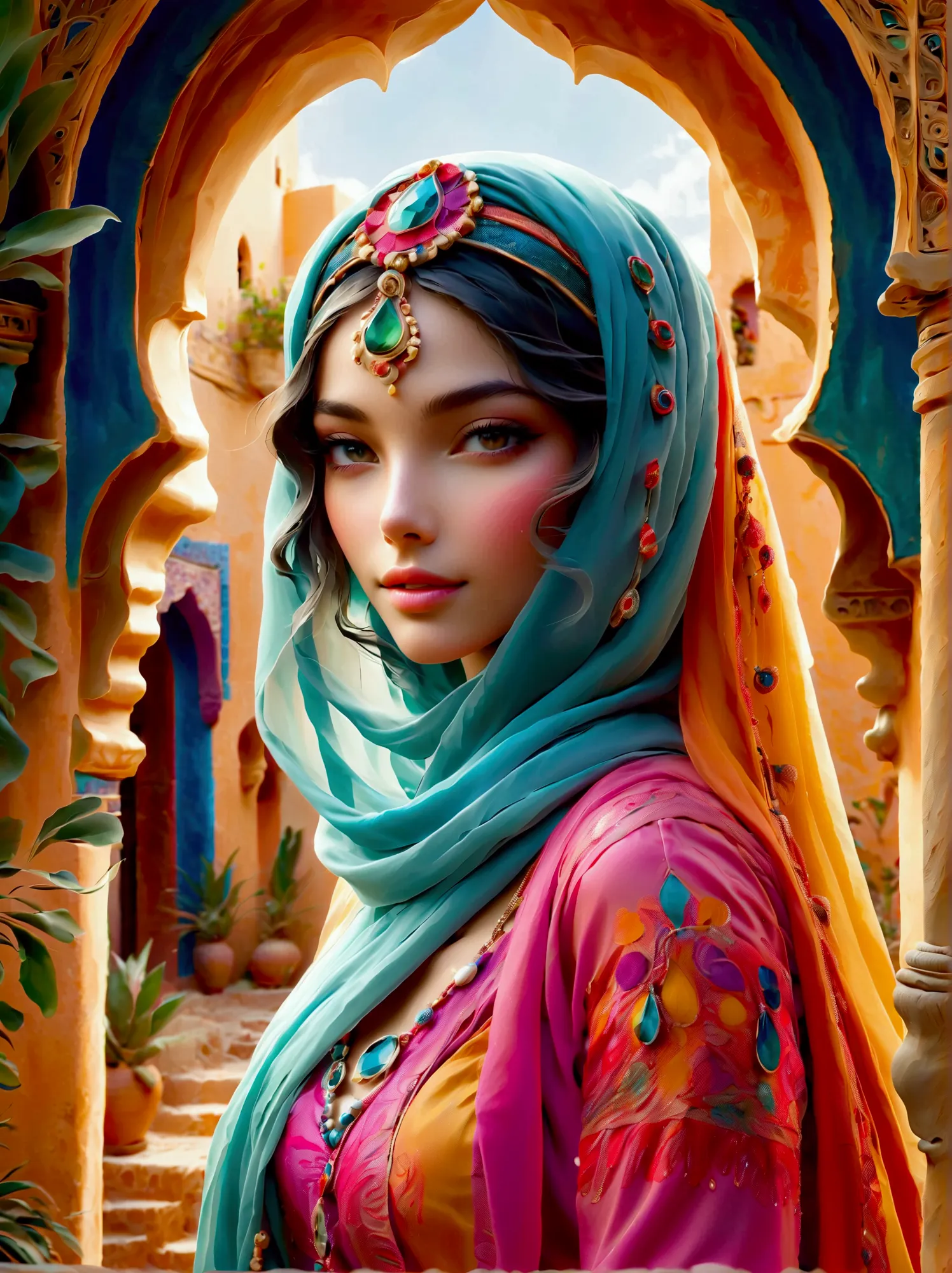 desert princess, dressed in vibrant traditional attire, steeped in an atmosphere brimming with magic and whimsy, similar to the ...