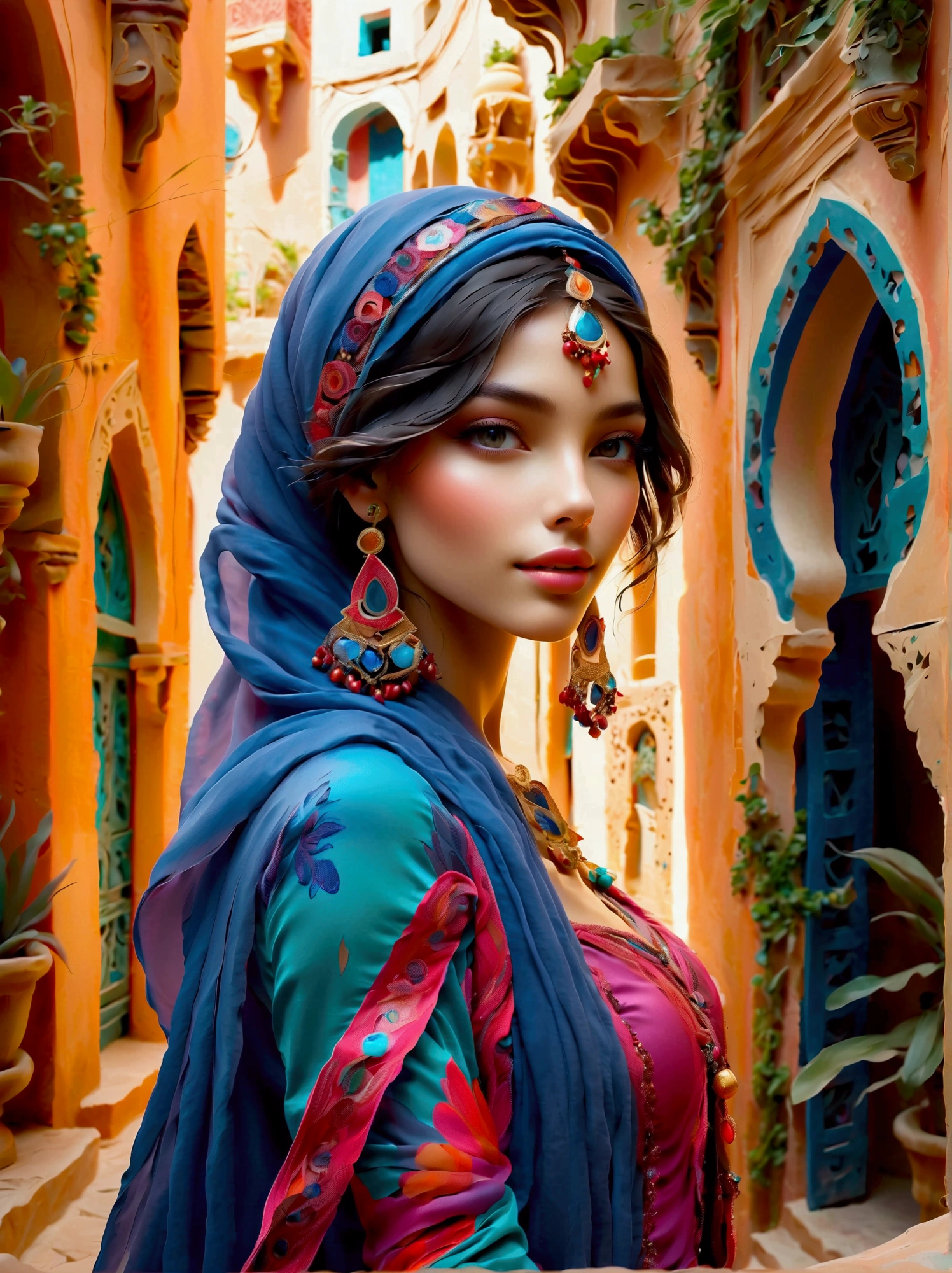 Desert Princess, dressed in vibrant traditional attire, steeped in an atmosphere brimming with magic and whimsy, similar to the setting of a classic animation movie poster. She poses eloquently within the enchanting casbah of Algiers, generally captured using a wide-angle lens, showcasing the grandeur of the location, exhibiting an effusive display of color and vibrancy. Special emphasis is placed on depicting the essence of North African culture and heritage, embodying the royal and feminine spirit that is innate within her