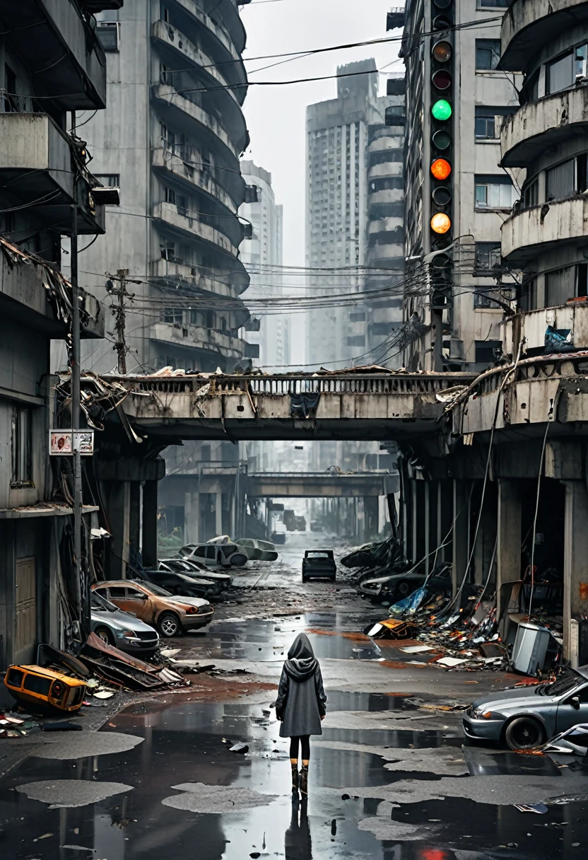 Image prise d&#39;une hauteur de 1 mètre。Le viaduc courbé en béton gris en ruine、Soutenu par une large, piliers de voiture hauts、En passant au cœur d&#39;un monde moderne, ultra-futuriste, ville en ruine、rouillé, voitures et bus abandonnés et sales debout à l&#39;envers dans la rue。, Bâtiment circulaire moderne et sale en ruines et en ruine, style cyberpunk, environnement gris, nuit空, sombre, nuit, Images avec des nuances de gris, Pluie et flaques d&#39;eau au sol, SF, Apocalypse nucléaire avec de la fumée s&#39;élevant des bâtiments, style Mad Max, Les feux de circulation se sont éteints et le poteau électrique est tombé.、Paysage urbain avec des fils de poteaux électriques posés sur le sol, Il y a une clôture rouillée autour du bâtiment., Les panneaux et les lumières s&#39;éteignent、Tomber des immeubles。, De nombreux bâtiments s&#39;effondrent à l&#39;horizon, Certains bâtiments se sont effondrés, Débris et déchets dans la rue, Il y a une fille avec des vêtements sales, Marchant dans la rue avec des vêtements déchirés et avec sa capuche relevée, en regardant l&#39;horizon, être le plus réaliste possible, Haute qualité, 4k, ultra-détaillé