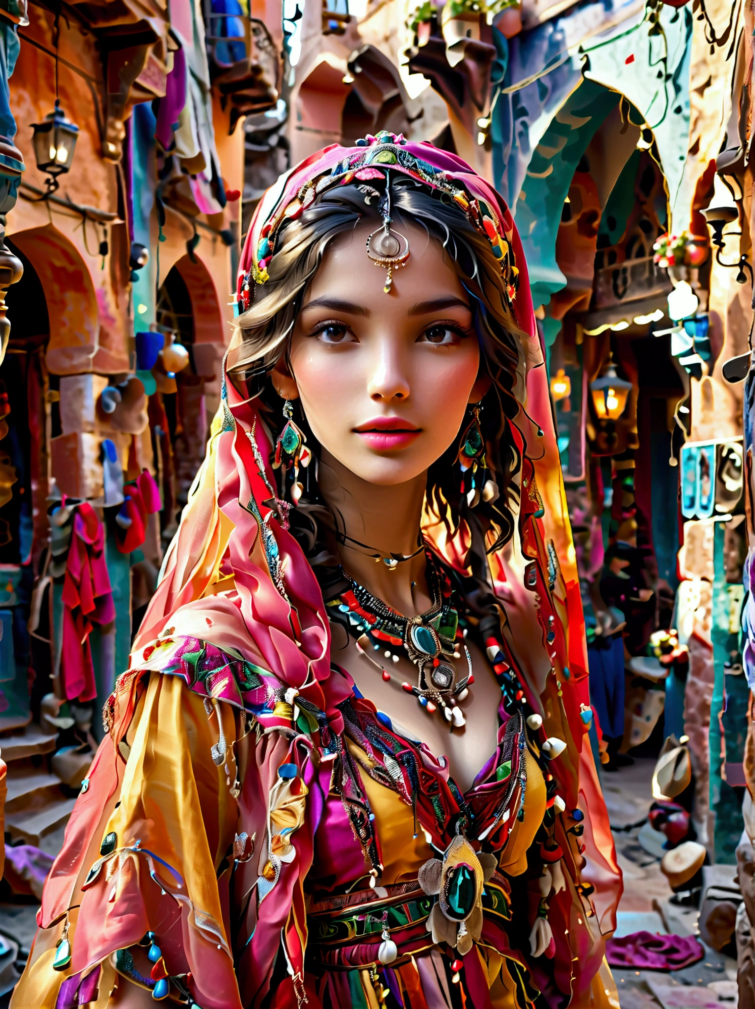 Desert Princess, dressed in vibrant traditional attire, steeped in an atmosphere brimming with magic and whimsy, similar to the setting of a classic animation movie poster. She poses eloquently within the enchanting casbah of Algiers, generally captured using a wide-angle lens, showcasing the grandeur of the location, exhibiting an effusive display of color and vibrancy. Special emphasis is placed on depicting the essence of North African culture and heritage, embodying the royal and feminine spirit that is innate within her