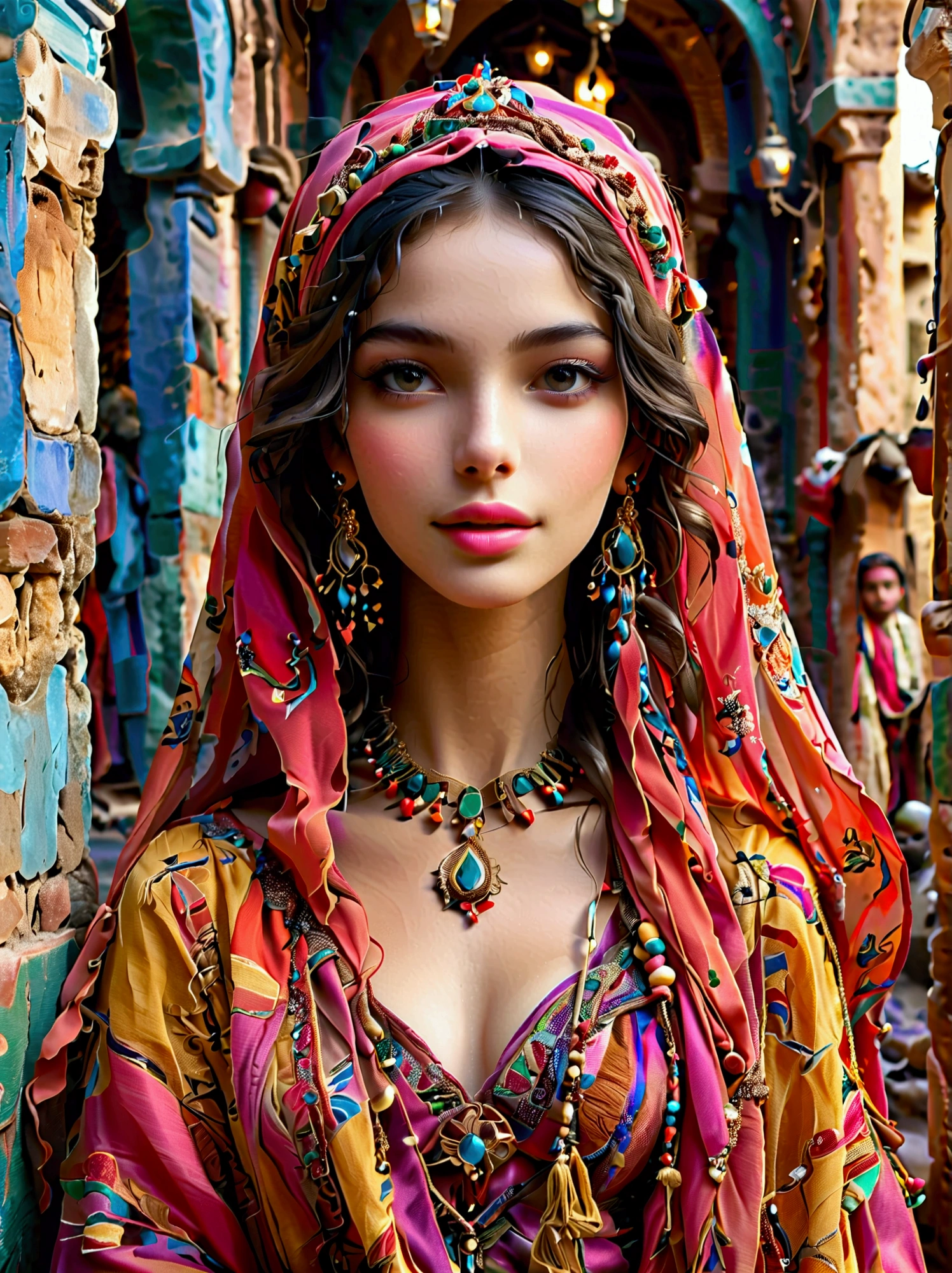 Desert Princess, dressed in vibrant traditional attire, steeped in an atmosphere brimming with magic and whimsy, similar to the setting of a classic animation movie poster. She poses eloquently within the enchanting casbah of Algiers, generally captured using a wide-angle lens, showcasing the grandeur of the location, exhibiting an effusive display of color and vibrancy. Special emphasis is placed on depicting the essence of North African culture and heritage, embodying the royal and feminine spirit that is innate within her