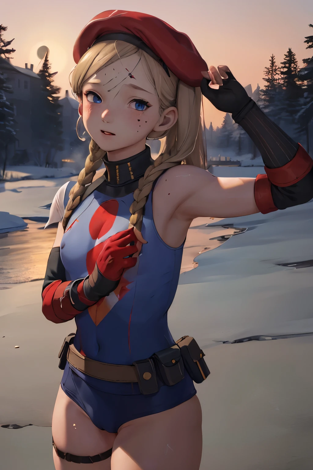 Ultra detailed , quality, highres , sarah Miller  , 1girl, (Cammy branco ) ,  blonde hair , red beret, detailed  ,blue eyes. Blush ,smug , scar on cheek, green leotard, flat chest , sleeveless, red gloves, gloves  , Standing, , moon background , 