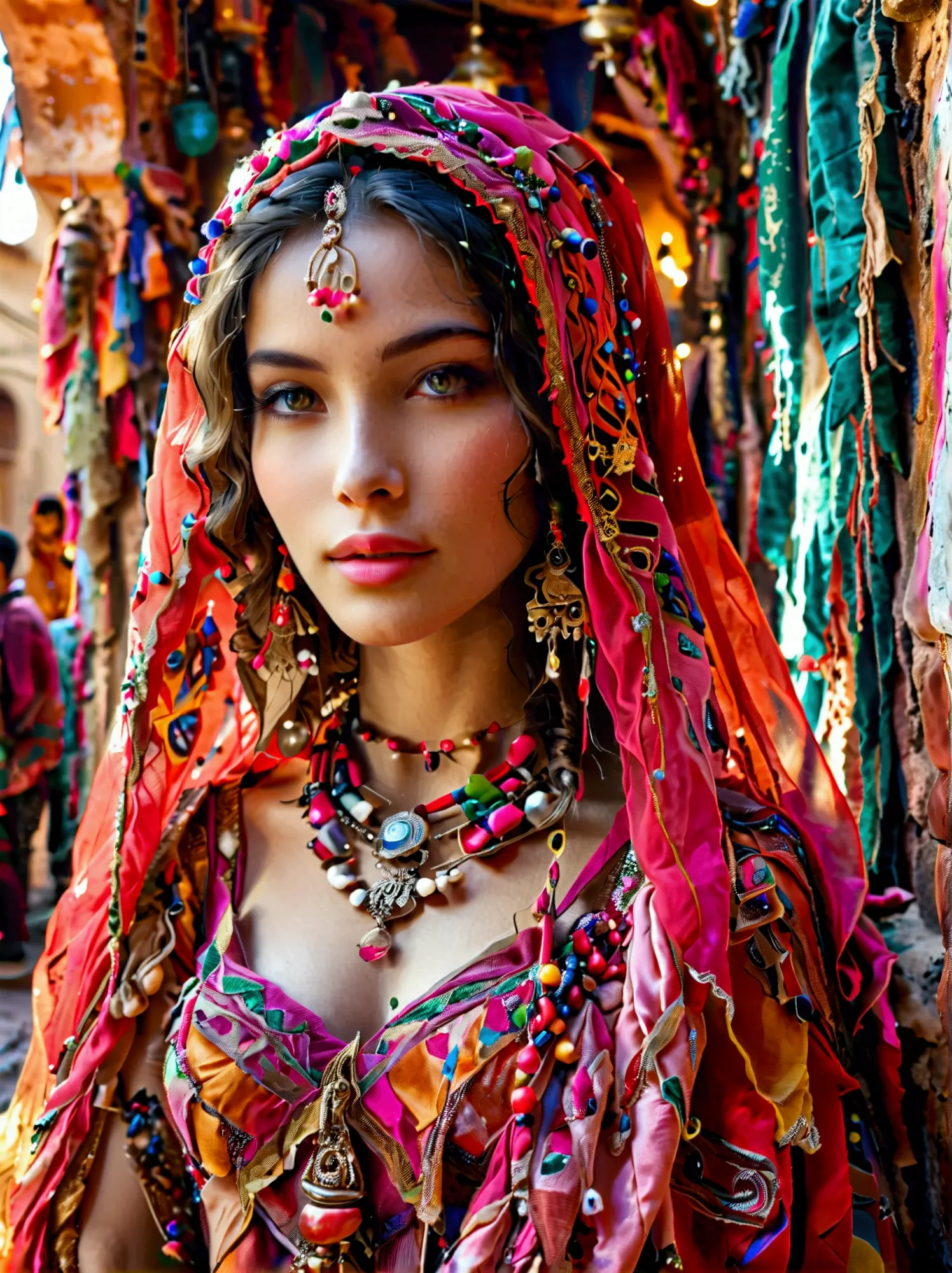 Desert Princess, dressed in vibrant traditional attire, steeped in an atmosphere brimming with magic and whimsy, similar to the ...