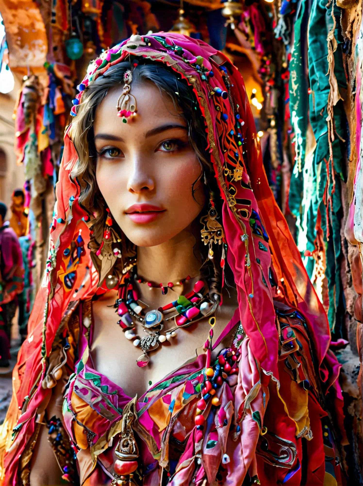 desert princess, dressed in vibrant traditional attire, steeped in an atmosphere brimming with magic and whimsy, similar to the ...