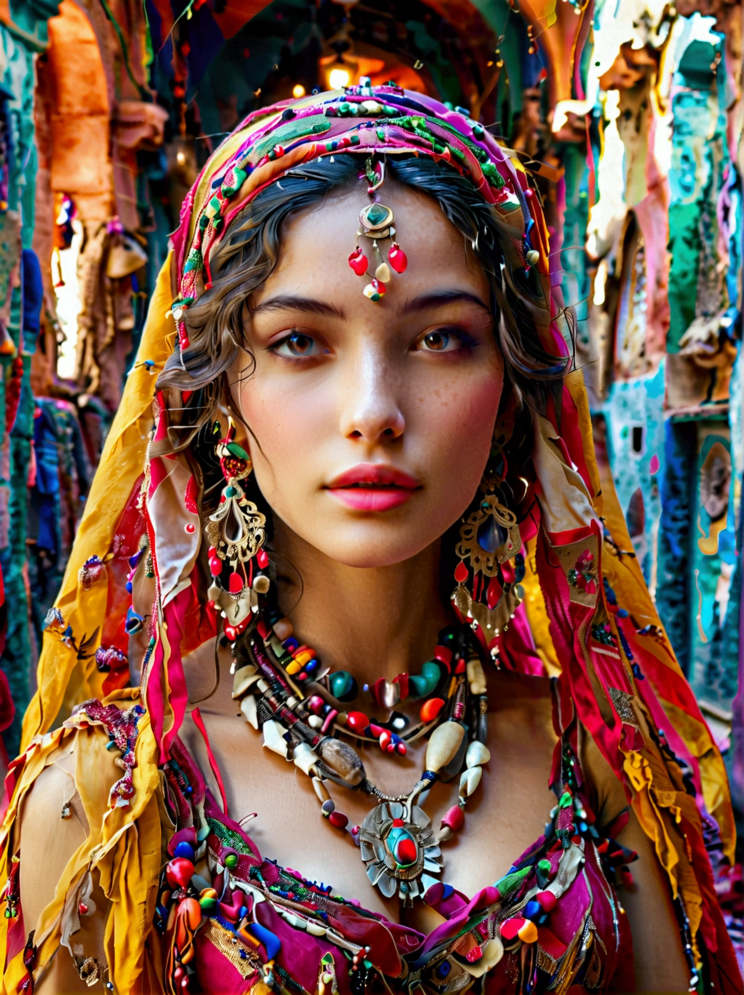 Desert Princess, dressed in vibrant traditional attire, steeped in an atmosphere brimming with magic and whimsy, similar to the setting of a classic animation movie poster. She poses eloquently within the enchanting casbah of Algiers, generally captured using a wide-angle lens, showcasing the grandeur of the location, exhibiting an effusive display of color and vibrancy. Special emphasis is placed on depicting the essence of North African culture and heritage, embodying the royal and feminine spirit that is innate within her