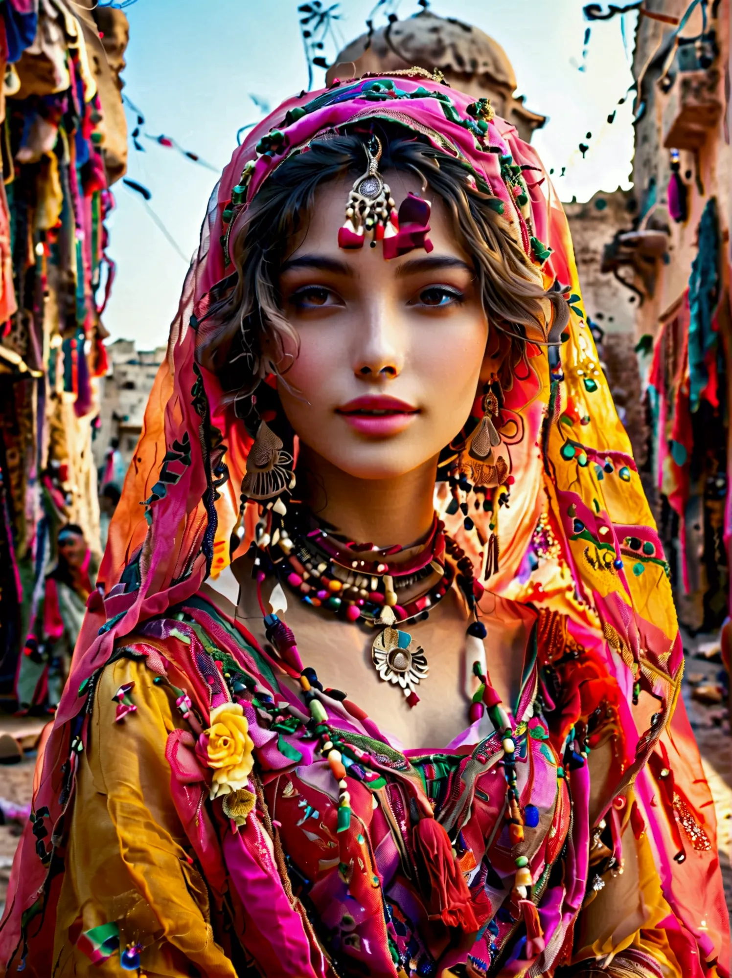 Desert Princess, dressed in vibrant traditional attire, steeped in an atmosphere brimming with magic and whimsy, similar to the ...