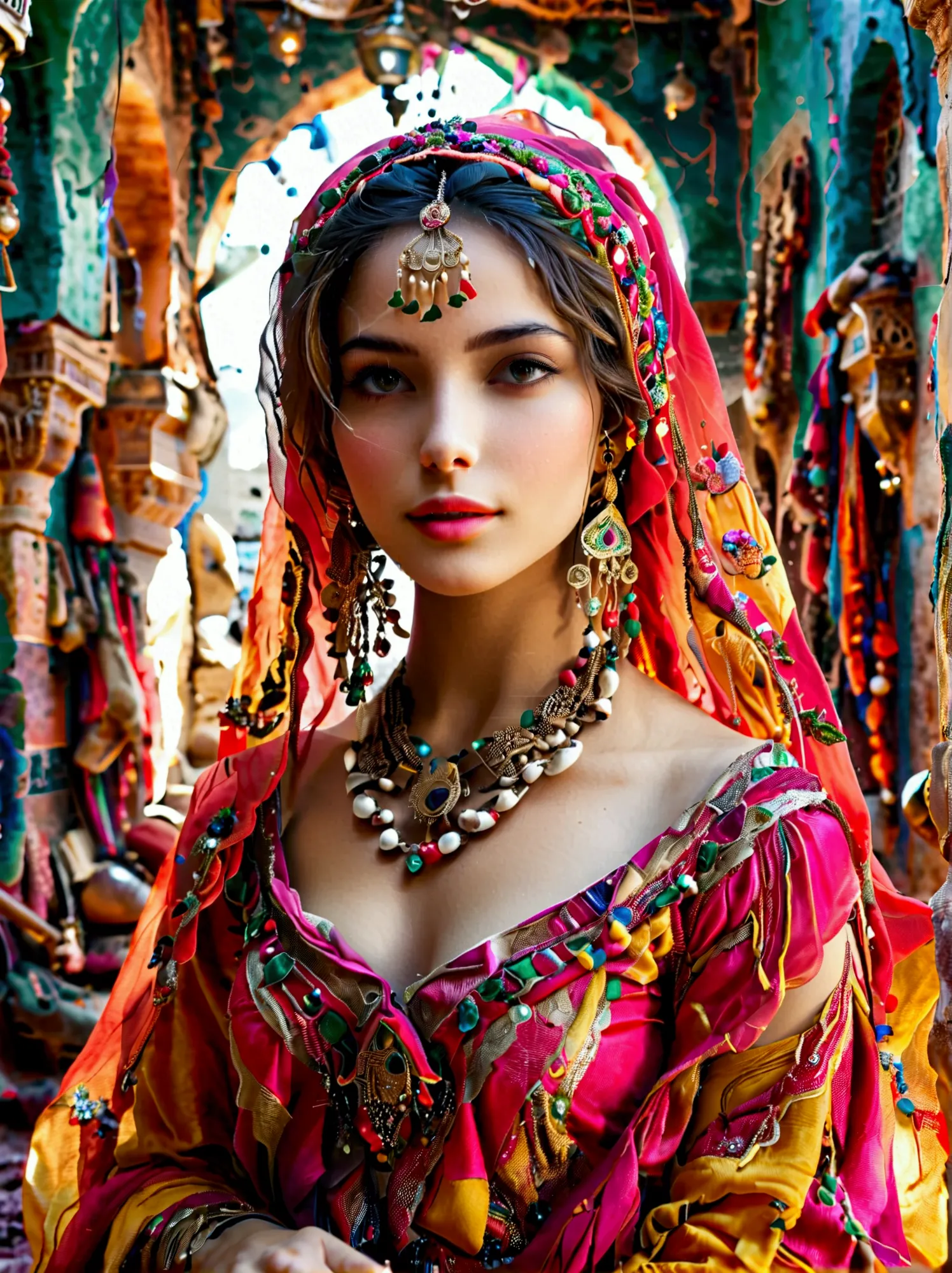 Desert Princess, dressed in vibrant traditional attire, steeped in an atmosphere brimming with magic and whimsy, similar to the ...