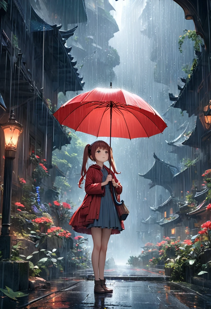 Arte CG de fantasia,Uma menina fofa está se refugiando da chuva em um mundo de fantasia com um guarda-chuva.A menina tem duas tranças vermelhas e parece jovem e fofa.Mão segurando um guarda-chuva olhando para cima a chuva caindo do céu em um espaço fantasioso,Segurando um guarda-chuva vermelho,alta qualidade, Alta qualidade de imagem,Obra-prima de alta qualidade 16k.ultra detalhe,