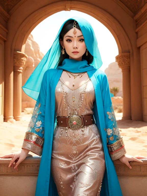 One Girl, Money色のアクセサリー, Veil, gem, Kaftans, Turbaned, Circlet, 額のjewelry, Elegant robes, sand color, (oasis), Long Hair, Wavy Hair, Light of the sun, Camel, Sand Dunes, Wind, mysterious, Desert flower, Coin Belt, fabric, embroidery, metallic, scarf, Turquoise, jewelry, Money, Queen, city, (Cowboy Shot)