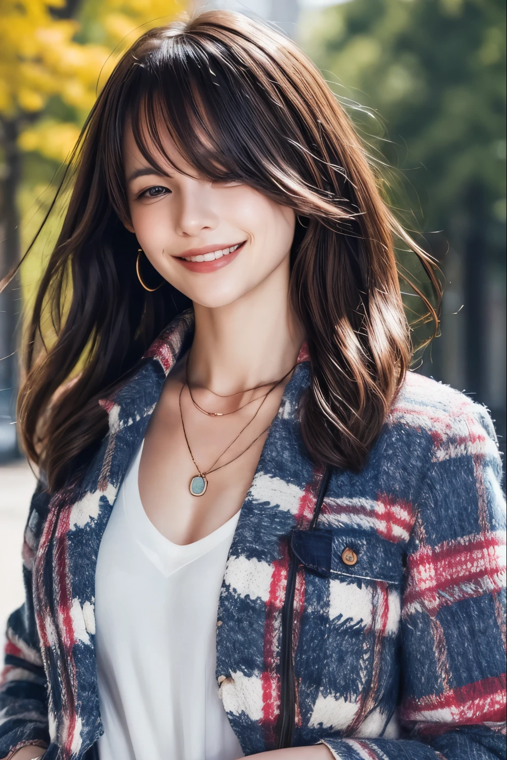 masterpiece,  portrait, upper body, woman, solo, hair over eyes, brunette, outdoors, grin, natural lighting, blue plaid jacket, necklace