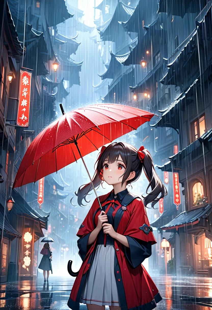 Arte CG de fantasia,Uma menina fofa está se refugiando da chuva em um mundo de fantasia com um guarda-chuva.A menina tem duas tranças vermelhas e parece jovem e fofa.Mão segurando um guarda-chuva olhando para cima a chuva caindo do céu em um espaço fantasioso, guarda-chuva vermelho,Uma representação perfeita de um guarda-chuva,tiro de vaqueiro,alta qualidade, Alta qualidade de imagem,Obra-prima de alta qualidade 16k.ultra detalhe,