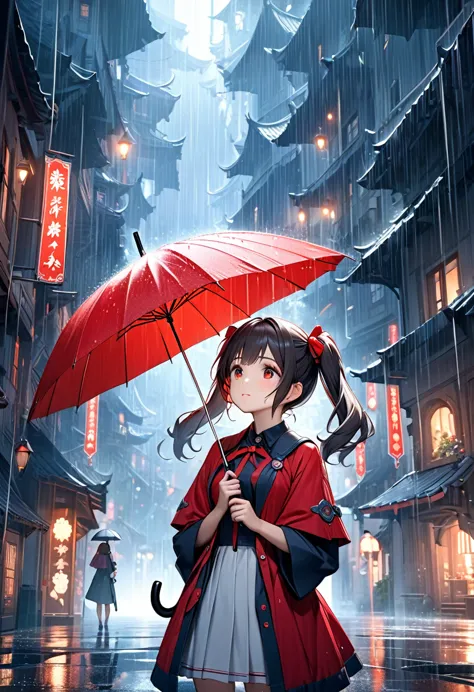 Fantasy CG art,A cute girl is taking shelter from the rain in a fantasy world with an umbrella.The girl has red twin-tails and l...