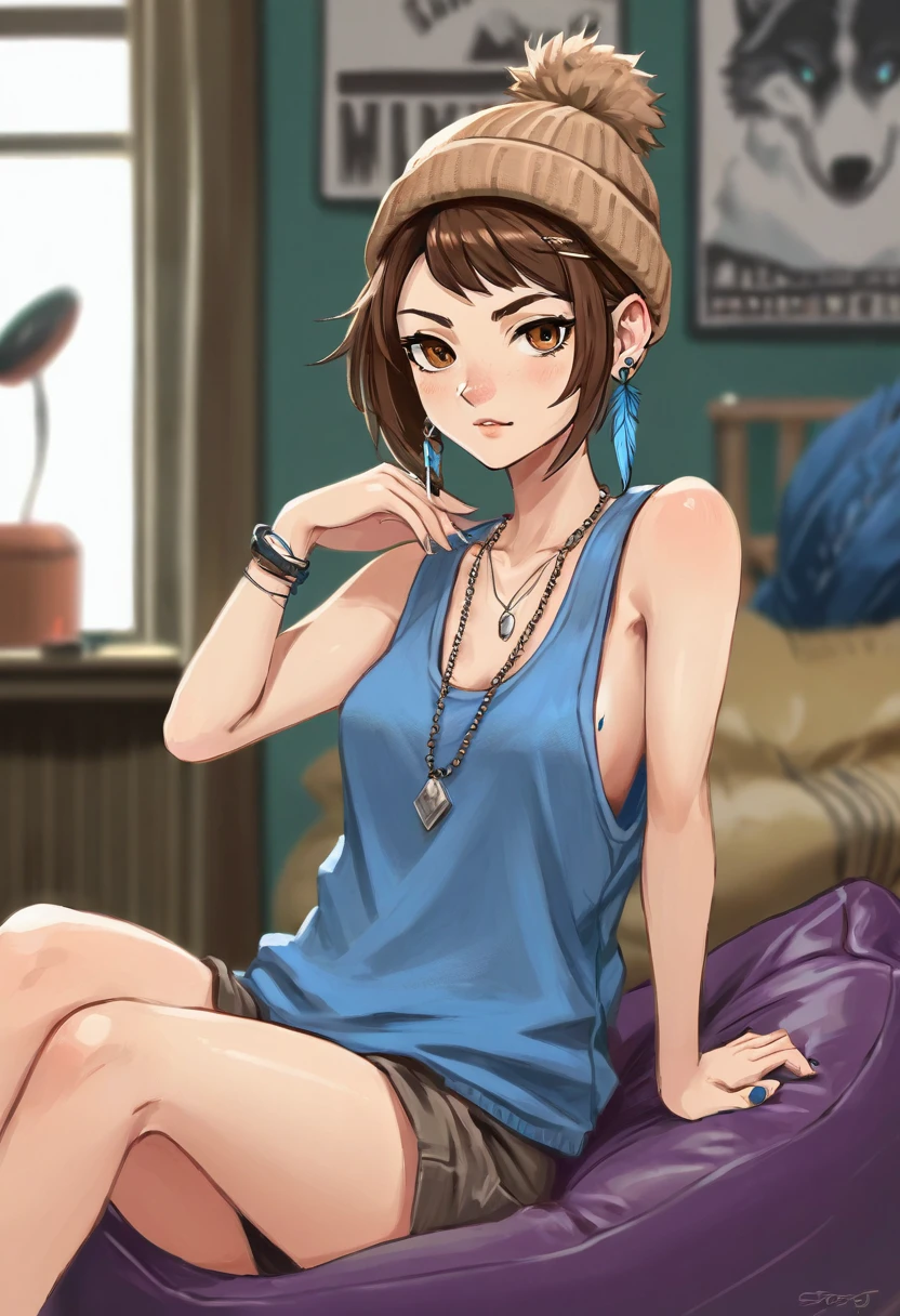 Adult female, mature, very short shaggy brown hair, wolf cut style hair, brown beanie, brown eyes, baggy hipster clothes, tanktop, hipster room, chill demeanor, nonchalant, neutral expression, one blue feather earring, leaning back on bean bag, holding lighter, fully clothed, highly detailed, specific detail, perfect detail, perfect eyes, perfect hands