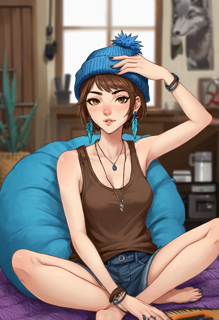 Adult female, mature, very short shaggy brown hair, wolf cut style hair, brown beanie, brown eyes, baggy hipster clothes, tanktop, hipster room, chill demeanor, nonchalant, neutral expression, one blue feather earring, leaning back on bean bag, holding lighter, fully clothed, highly detailed, specific detail, perfect detail, perfect eyes, perfect hands