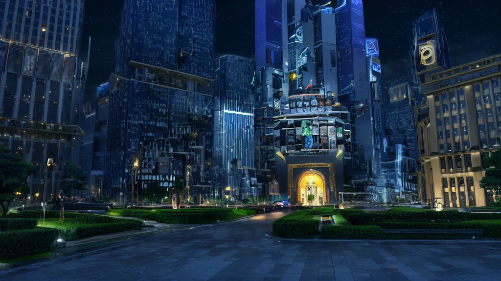 Night view of the city with fountain and bell tower, Anime style cityscape, The power of visual effects in the city at night, HD anime city landscape, Realistic establishing shot, Pixar《Zootopia》. 3d rendering, Anime landscape concept art, Random background scenes, 在Zootopia, Very detailed night cityscape, High-rise business district, Epic architecture in the center