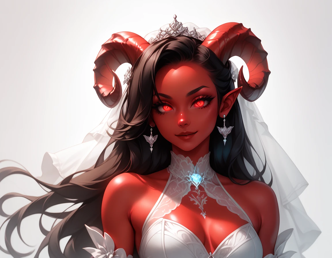 score_9, score_8_up, score_7_up, 1girl, solo, flowing hair, glowing red eyes, curved ram horns, sharp ears, red skin, demoness, stark white background, limited red palette, monochromatic, eerie atmosphere, light wedding dress, seductive,