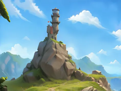 Stone Mountain，lookout tower，grassland，cliff。Fantasy style.Concept Art, Pixar,, best quality，Clash Royale style