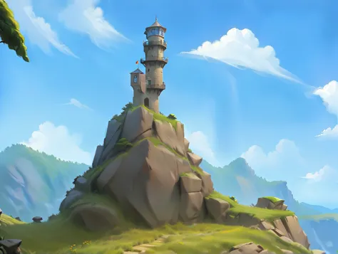 Stone Mountain，lookout tower，grassland，cliff。Fantasy style.Concept Art, Pixar,, best quality，Clash Royale style