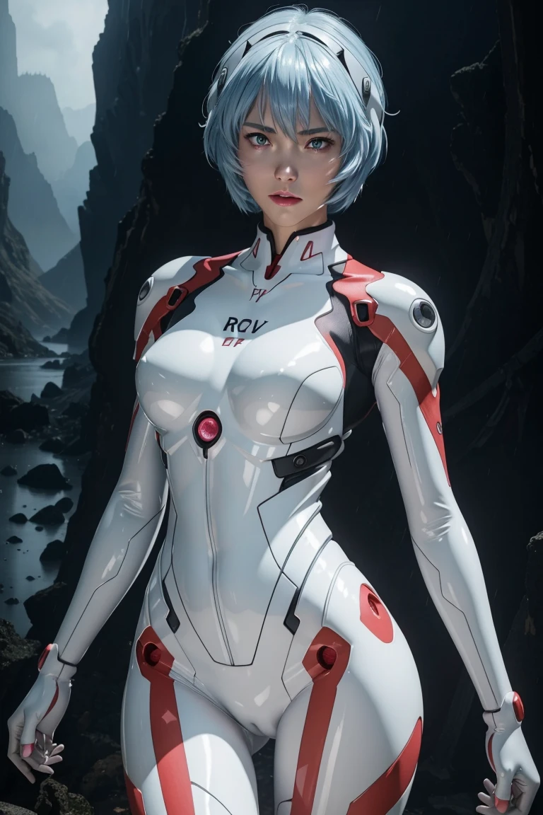 Evangelion,Rei Ayanami,Silver Blue Hair,Red eyes,Red Eyes,Plug Suit,Bodysuits,Interface Headset,白いBodysuits,Ultra HD,super high quality,masterpiece,Digital SLR,Photorealistic,Detailed details,Vivid details,Depicted in detail,A detailed face,Detailed details,Super Detail,Realistic skin texture,Anatomical basis,Perfect Anatomy,Anatomically correct hand,Anatomically correct fingers,Complex 3D rendering,Sexy pose,Rainy Sky,Beautiful scenery,Fantastic rainy sky,Picturesque,Pink Lips,