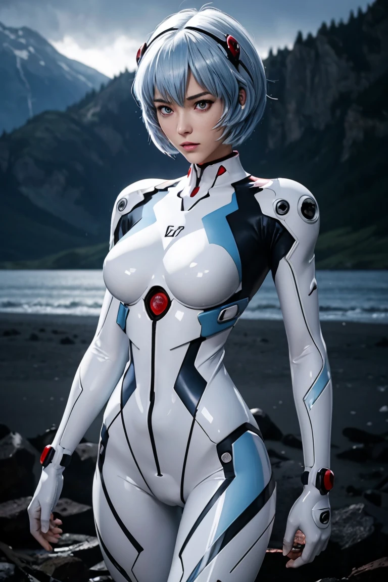 Evangelion,Rei Ayanami,Silver Blue Hair,Red eyes,Red Eyes,Plug Suit,Bodysuits,Interface Headset,白いBodysuits,Ultra HD,super high quality,masterpiece,Digital SLR,Photorealistic,Detailed details,Vivid details,Depicted in detail,A detailed face,Detailed details,Super Detail,Realistic skin texture,Anatomical basis,Perfect Anatomy,Anatomically correct hand,Anatomically correct fingers,Complex 3D rendering,Sexy pose,Rainy Sky,Beautiful scenery,Fantastic rainy sky,Picturesque,Pink Lips,