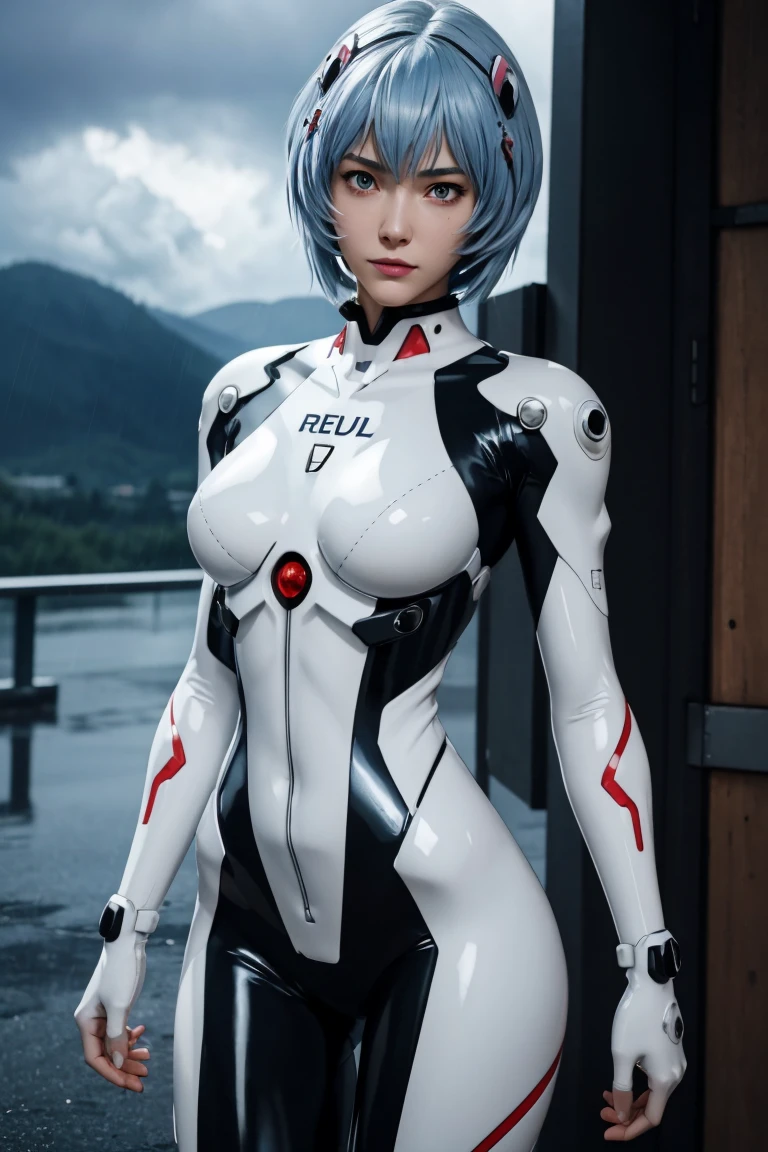 Evangelion,Rei Ayanami,Silver Blue Hair,Red eyes,Red Eyes,Plug Suit,Bodysuits,Interface Headset,白いBodysuits,Ultra HD,super high quality,masterpiece,Digital SLR,Photorealistic,Detailed details,Vivid details,Depicted in detail,A detailed face,Detailed details,Super Detail,Realistic skin texture,Anatomical basis,Perfect Anatomy,Anatomically correct hand,Anatomically correct fingers,Complex 3D rendering,Sexy pose,Rainy Sky,Beautiful scenery,Fantastic rainy sky,Picturesque,Pink Lips,