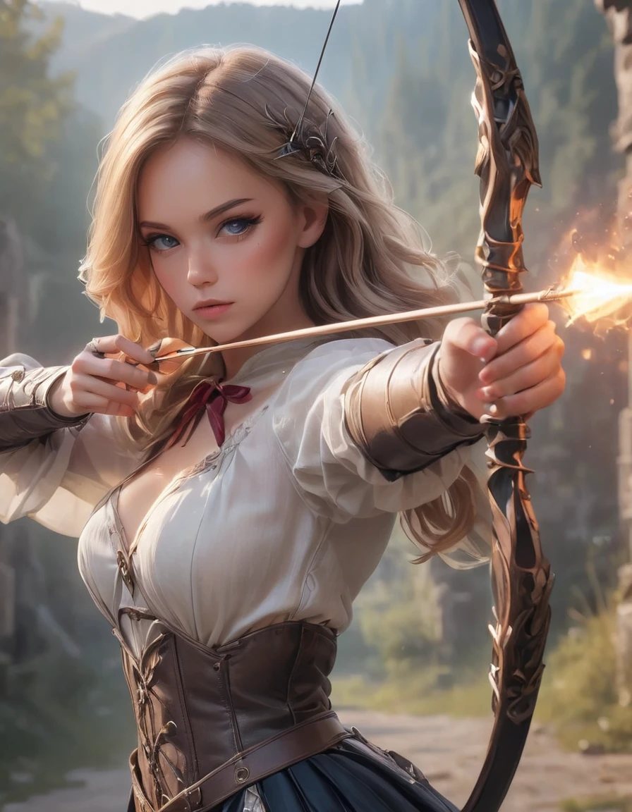 Woman shooting a bow, Large Bow and Arrow, Take aim, longbow , Aiming with a bow, Delicate expression, Perfect hands(Five fingers), Beautiful Hair, Shiny Hair, Beautiful Skin, Detailed face and eyes, Glossy Lips, Medieval Fantasy, Dramatic lighting, Film composition, Dramatic pose, Medieval Armor, Intricate details, Dramatic atmosphere, Moody lighting, an epic fantasy, Very detailed, cinematic, dramatic, powerful, strong, (Highest quality:1.2, Very detailed, Latest, Vibrant, Ultra-high resolution, High Contrast, masterpiece:1.2, Highest quality, Best aesthetics),