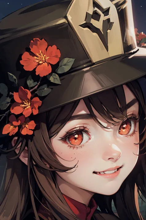 1 girl solo, brown jacket, long brown hair, red eyes, brown hat with red flowers, white ghost smiling, outside in a swampy fores...