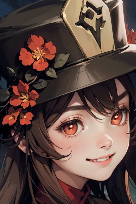 1 girl solo, brown jacket, long brown hair, red eyes, brown hat with red flowers, white ghost smiling, outside in a swampy fores...