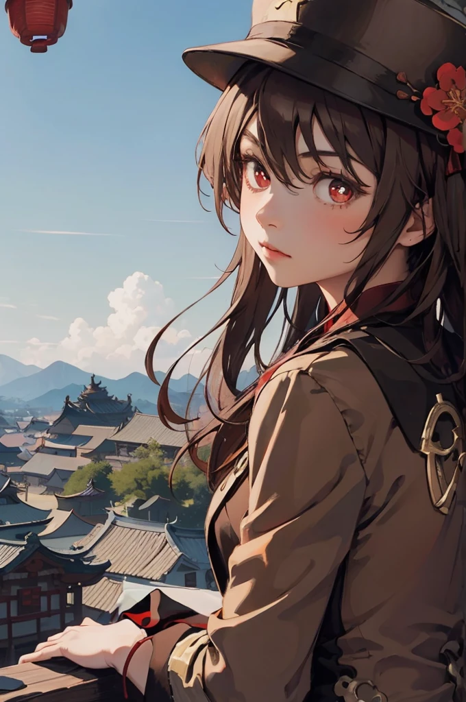 1 girl solo, brown jacket, long brown hair, red eyes, brown hat with red flowers, in a small medieval chinese town, old chinese buildings, mountains far on background, chinese temple