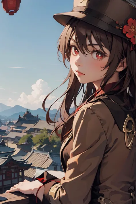 1 girl solo, brown jacket, long brown hair, red eyes, brown hat with red flowers, in a small medieval chinese town, old chinese ...