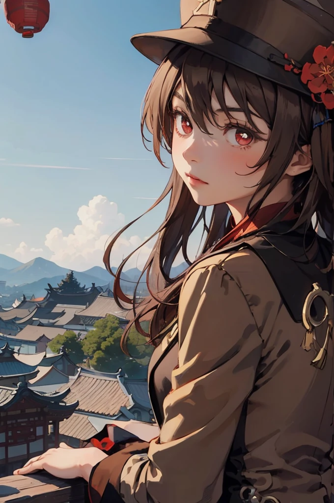 1 girl solo, brown jacket, long brown hair, red eyes, brown hat with red flowers, in a small medieval chinese town, old chinese buildings, mountains far on background, chinese temple