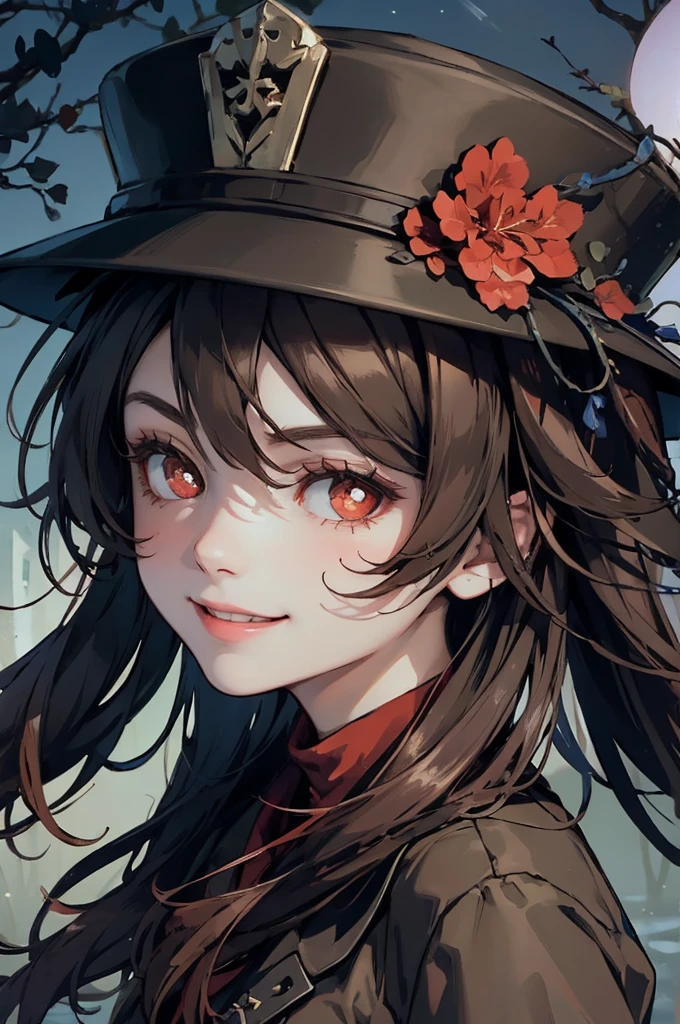 1 girl solo, brown jacket, long brown hair, red eyes, brown hat with red flowers, white ghost smiling, outside in a swampy forest at night, swamp lights, ghost figures around, blue lights flying in the air, will-o-the-wisp