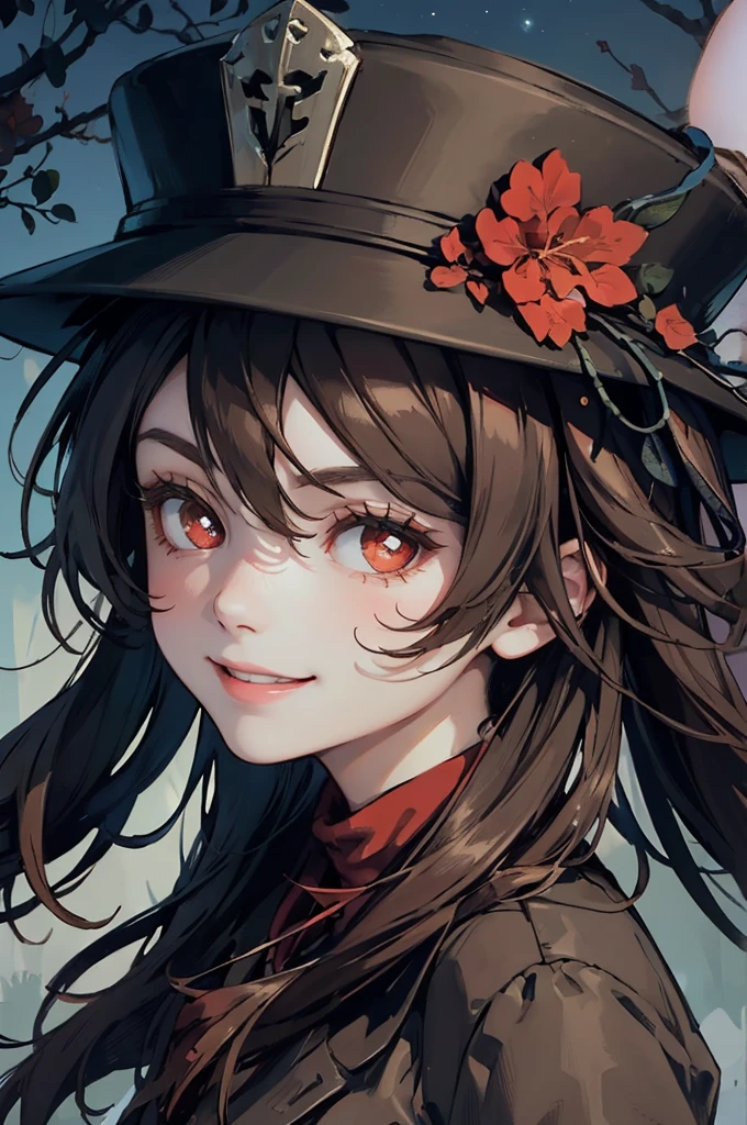 1 girl solo, brown jacket, long brown hair, red eyes, brown hat with red flowers, white ghost smiling, outside in a swampy forest at night, swamp lights, ghost figures around, blue lights flying in the air, will-o-the-wisp