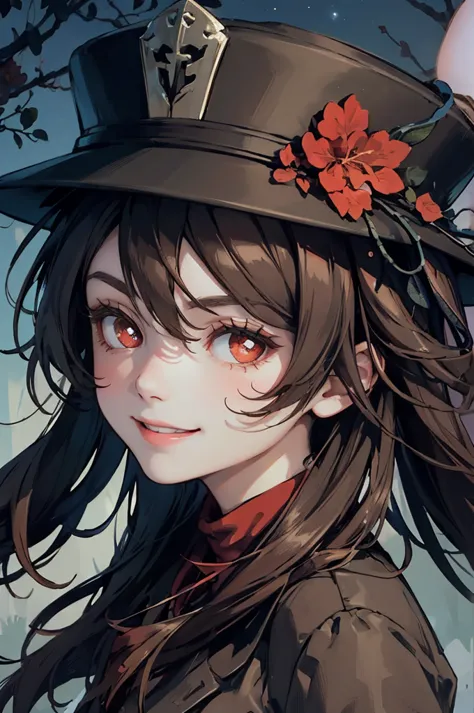 1 girl solo, brown jacket, long brown hair, red eyes, brown hat with red flowers, white ghost smiling, outside in a swampy fores...