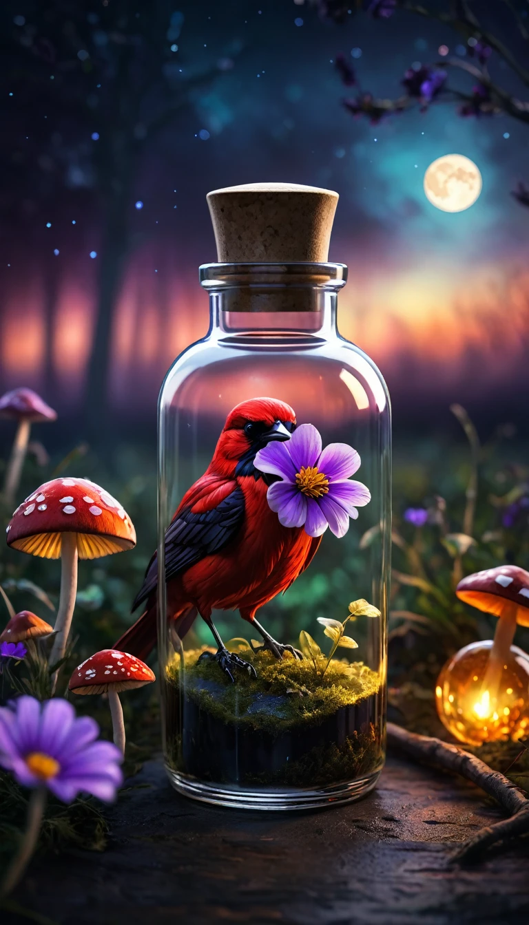 a masterpiece in a glass bottle, Red and Gold Crow, Mushroom field, Purple Flower, Dark and ghostly background, moon, (Highest quality,4K,8K,High resolution,masterpiece:1.2),Super detailed,(Realistic,photoRealistic,photo-Realistic:1.37),High resolution,超High resolution,Studio Lighting,Ultra-fine painting,Sharp focus,Physically Based Rendering,Very detailed explanation,Professional,Vibrant colors,Bokeh,Dark fantasy,spooky,Gloomy atmosphere,Cinema Lighting